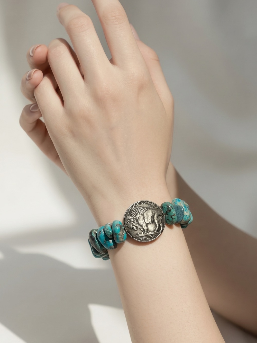 Western Turquoise Rock-Nugget Buffalo Coin Stretch Bracelet BNWT